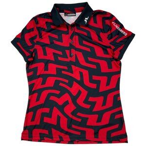 J. Lindeberg Tour Tech Print Golf Polo Shirt L Red Blue Geometric Short Sleeve